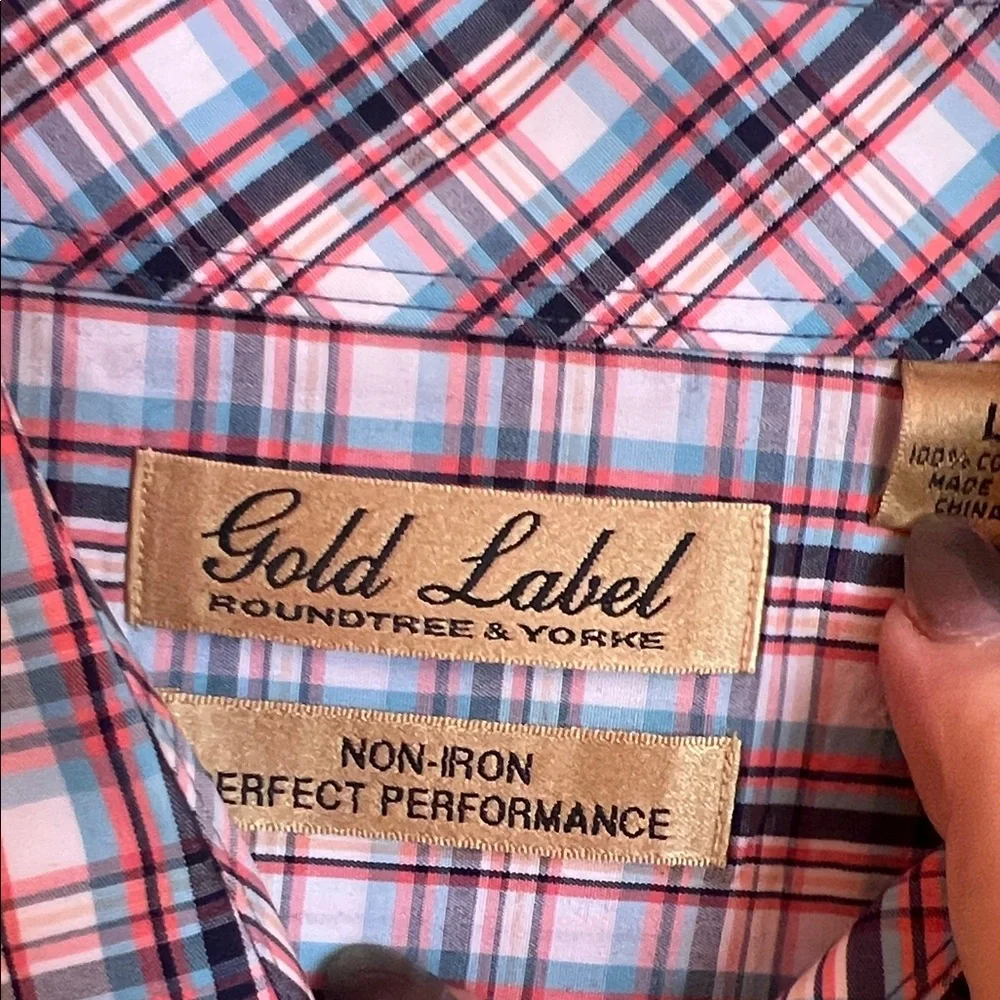 Roundtree & Yorke Red, Teal& White Plaid Button-Down Shirt short sleeved - Picture 2 of 8